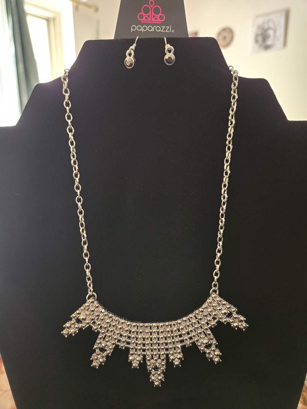 paparazzi Silver Rhinestone Fringe Statement Necklace with Drop Accents